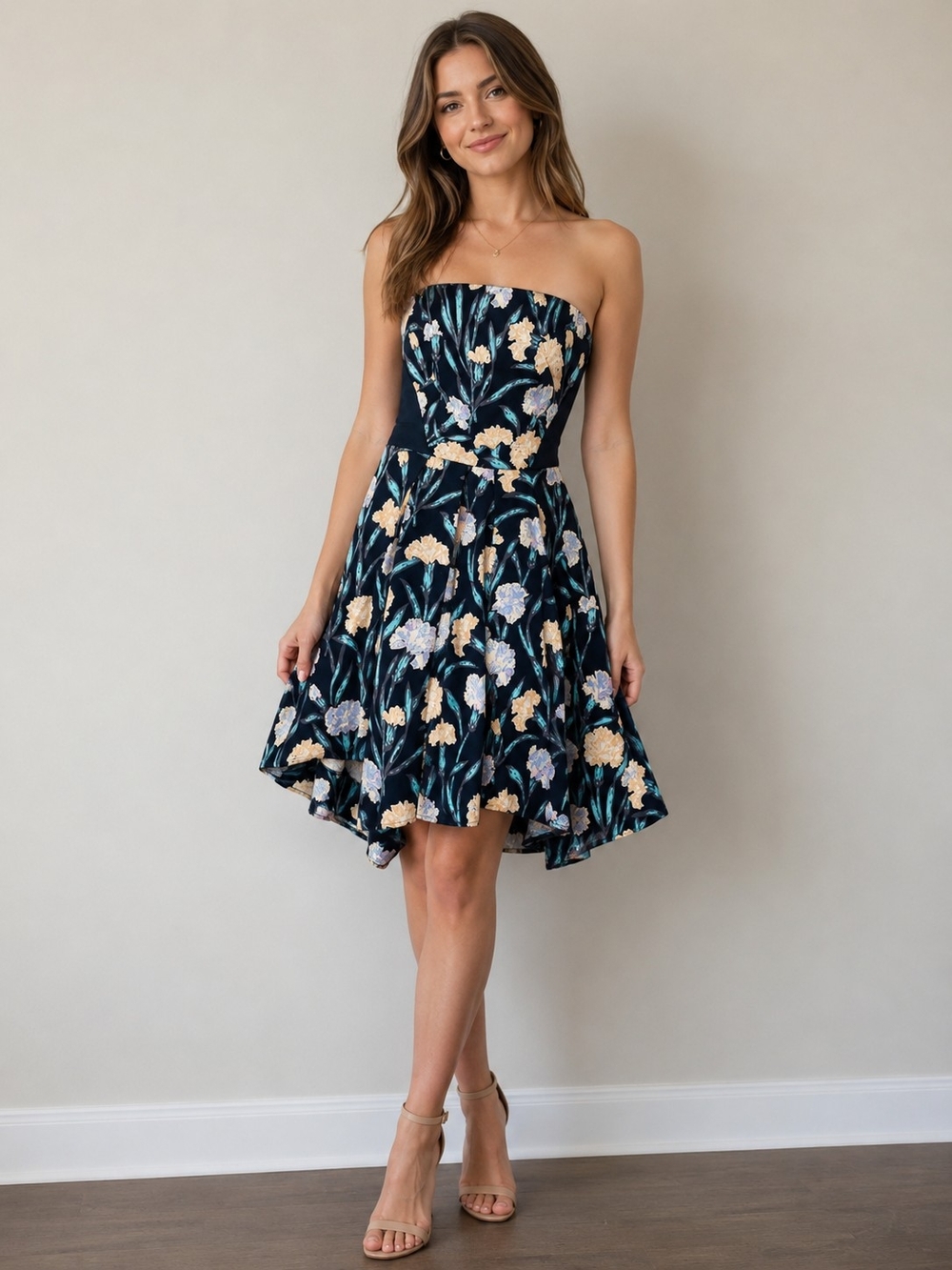 French Connection Navy Strapless Floral Fit-and-Flare Dress